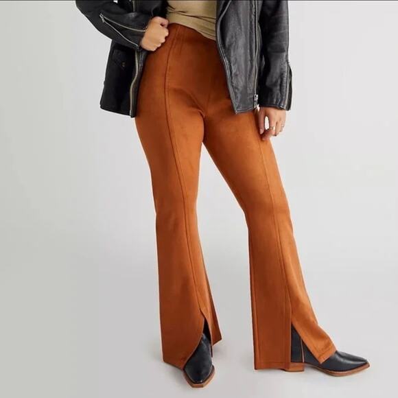 Free People CRVY Real Deal Slit Vegan Suede Flare Camel Brown Stretchy Pants 20 - Picture 10 of 10